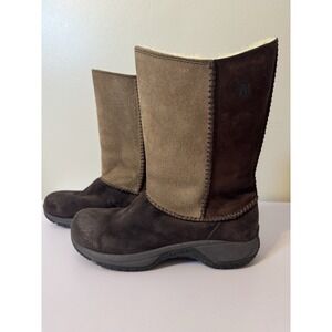 Merrell Suede Boots Mid Calf Winter Two Tone Faux Fur Lined 7.5 Brown